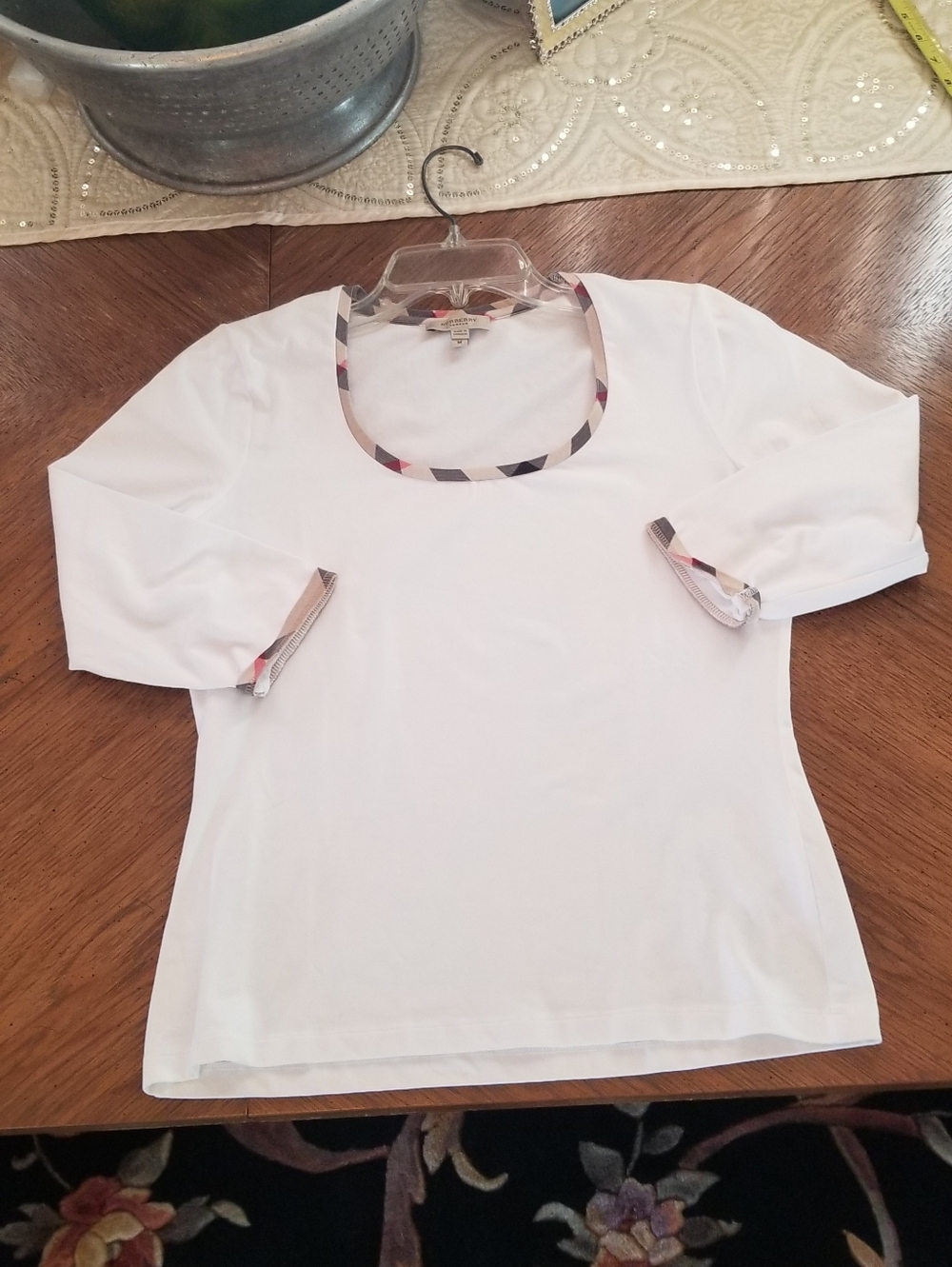 Burberry London White Cotton Top Nova Check Trim 3/4 Sleeve Size M - Picture 16 of 16